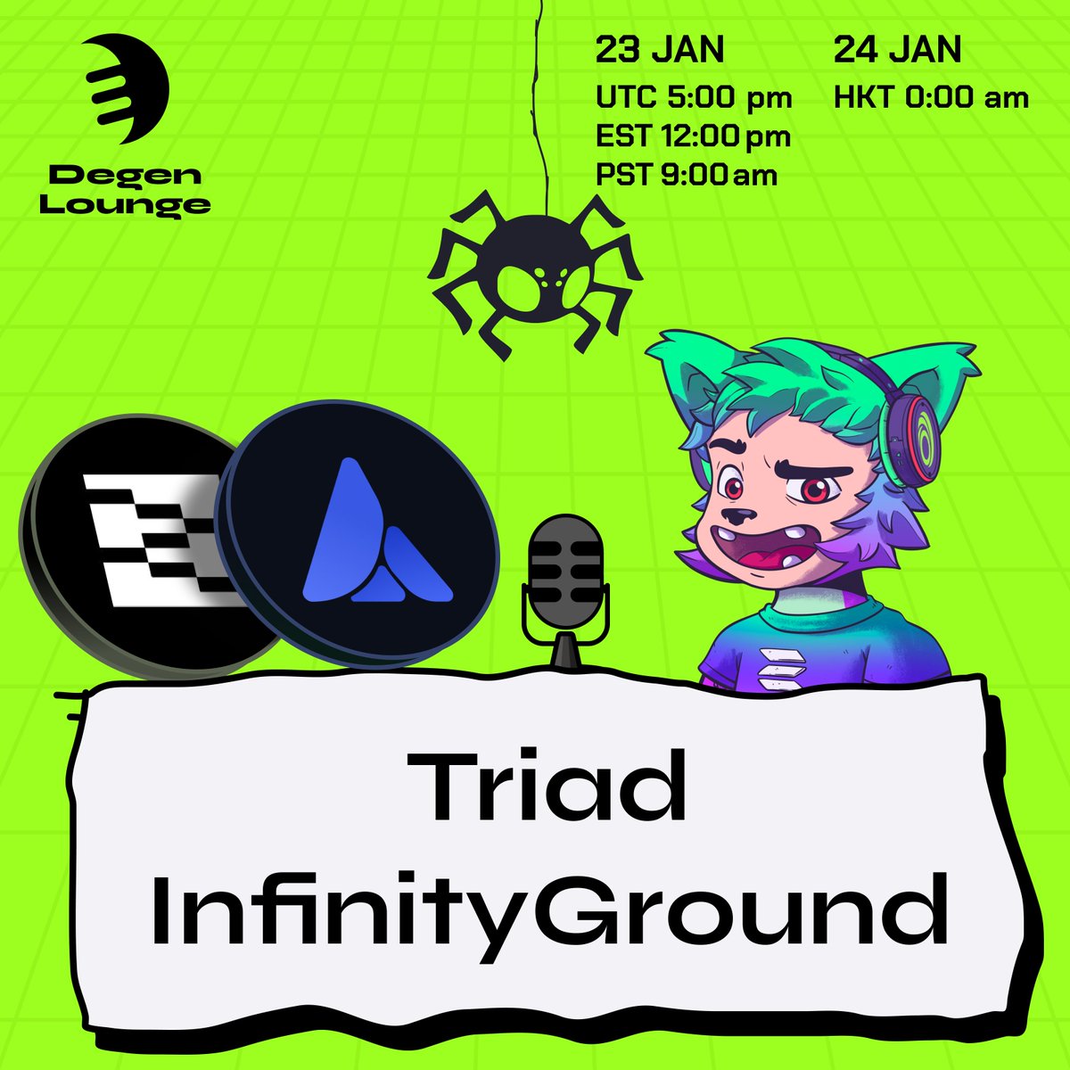 The Degen Lounge weekly space brought to you by <a href="/spdrswap/">Spiderswap</a> &amp; <a href="/banx_gg/">Banx.gg 💵 Loans & Yield</a> 🕷️ x 💵

Hosted by <a href="/solquicks/">quicks | Solflare</a> with our special guests: 
&gt; <a href="/triadfi/">Triad</a>
&gt; <a href="/infinityg_ai/">InfinityGround</a>

Set your reminder for Thursday at 12pm EST and drop a comment below👇