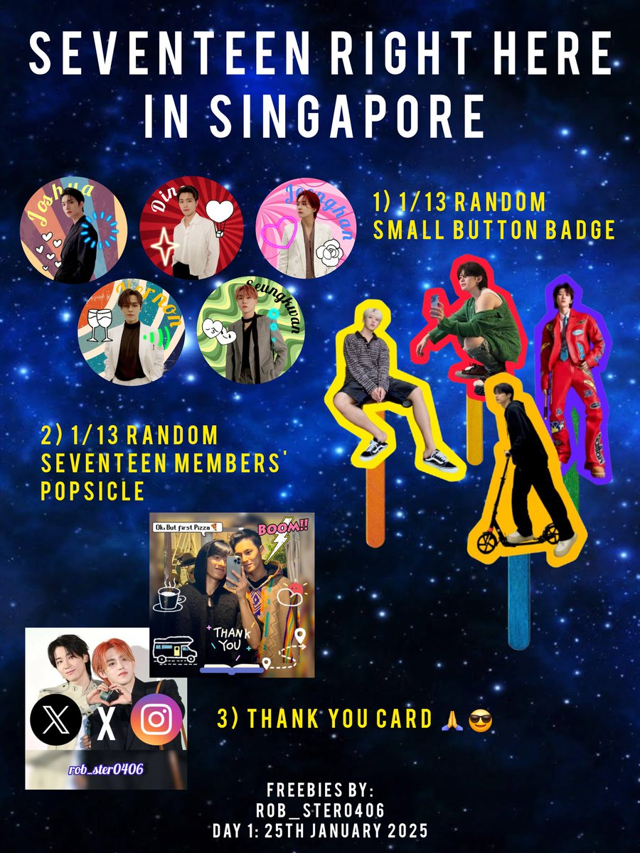 Hi, Carats!🤘. Eh malulah nak pomot fibies, kbye 👋
•••••
I've prepared some freebies for SVT Right Here Concert in SG (Day 1) 🥰😎
•••••
The freebies package includes those in the notice🐧🌌
•••••
Feel free to claim ya 🫶🫰🤙🤟🙌
#SEVENTEEN_RIGHT_HERE_IN_SINGAPORE