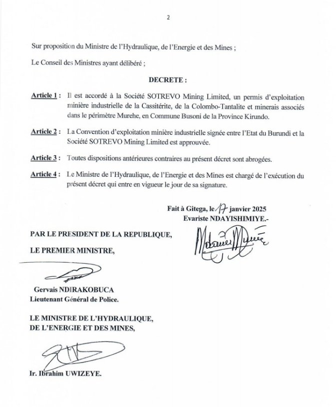 MagazineJimbere's tweet image. 💎 La société Sotrevo Mining Limited a reçu par décret ce 17/01/2025 l'autorisation d'exploitation minière industrielle  des minerais de cassitérite, colombo-tantalite, et autres minerais associés dans la commune de #Busoni de @KirundoProvinc 

✅ Cela fait suite à l'accord