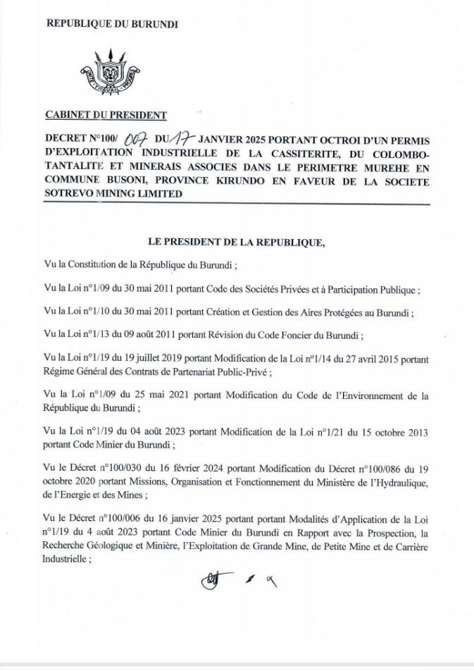 MagazineJimbere's tweet image. 💎 La société Sotrevo Mining Limited a reçu par décret ce 17/01/2025 l'autorisation d'exploitation minière industrielle  des minerais de cassitérite, colombo-tantalite, et autres minerais associés dans la commune de #Busoni de @KirundoProvinc 

✅ Cela fait suite à l'accord