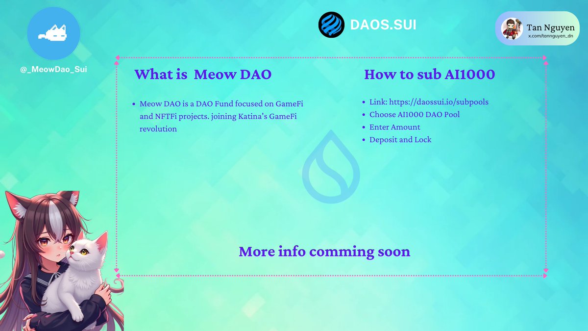 tannguyen_dn's tweet photo. 🔥Over-Sub Pool is Open
‼️Participate for a chance to receive WL from @_MeowDao_Sui
👉Link: https://t.co/lVESz8htl8
🚀Join and send all @daosdotsui higher
#SUI #GEM #DAOSSUI @Katina_Ron https://t.co/WYPKpyiA4p