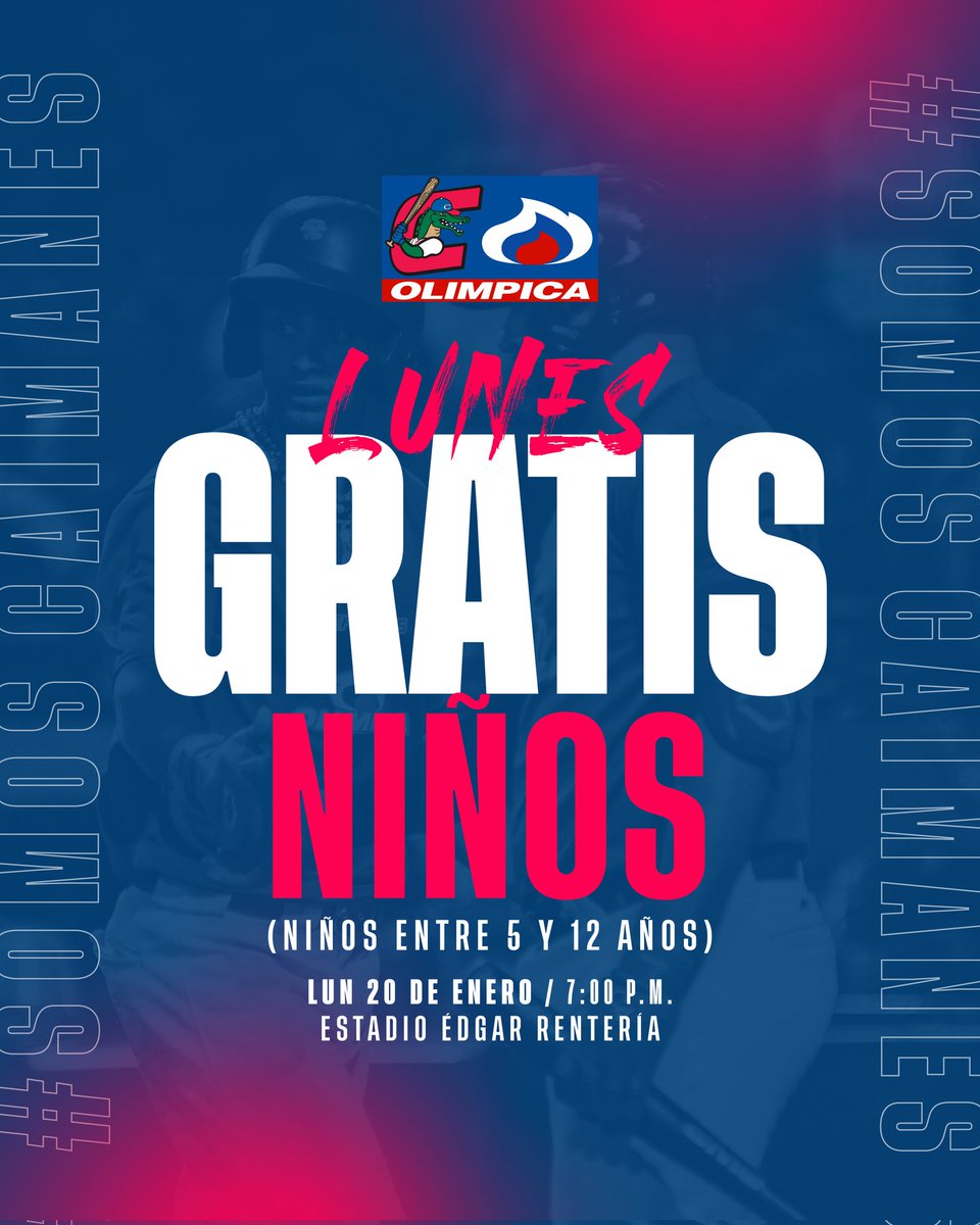 Familia Caimanes-Olímpica buen día 🌞 Para el juego de hoy lunes 20 de enero la promoción será de NIÑOS GRATIS. Hombres y Mujeres pagan su boleta ¡Te esperamos en casa! 🐊⚾❤️