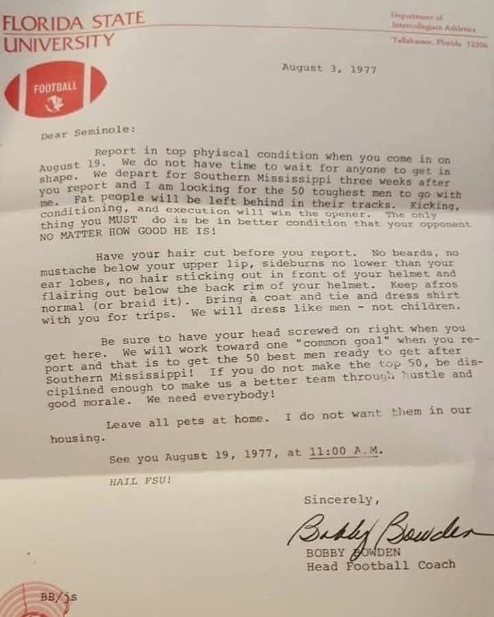 Jacob Davis (@jacobscottdavis) on Twitter photo Really neat letter from Coach Bobby Bowden to each of his <a href="/FSUFootball/">FSU Football</a> players.
Each player referred to as āSeminoleā, no individual efforts mentioned, all about team, required to be in top shape. #CFB Really neat letter from Coach Bobby Bowden to each of his <a href="/FSUFootball/">FSU Football</a> players.
Each player referred to as āSeminoleā, no individual efforts mentioned, all about team, required to be in top shape. #CFB