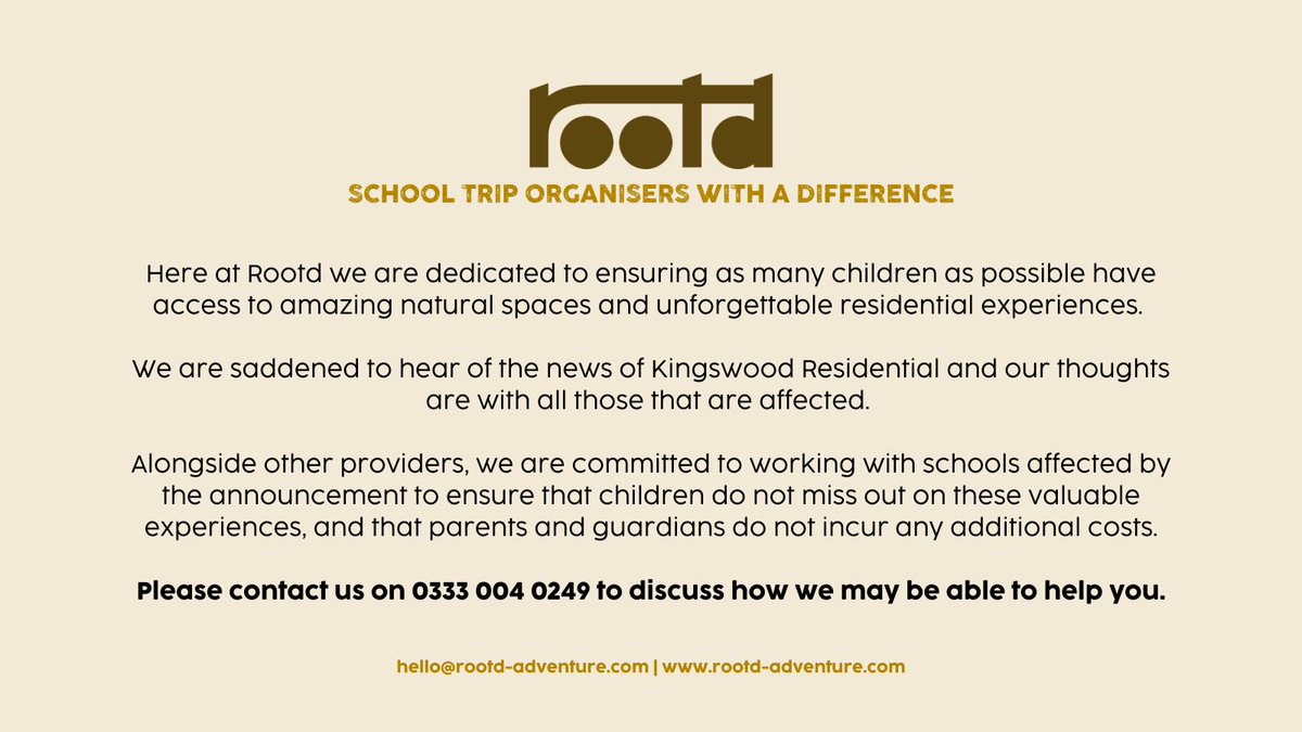 Rootd Adventure (@rootdadventure) on Twitter photo Our thoughts go out to everyone affected by the announcement regarding @Kingswood_
🌳We encourage schools to contact us to discuss how Rootd can help ensure your children still get their adventure without incurring additional costs
📞0333 004 0249
📧hello@rootd-adventure.com Our thoughts go out to everyone affected by the announcement regarding @Kingswood_
🌳We encourage schools to contact us to discuss how Rootd can help ensure your children still get their adventure without incurring additional costs
📞0333 004 0249
📧hello@rootd-adventure.com