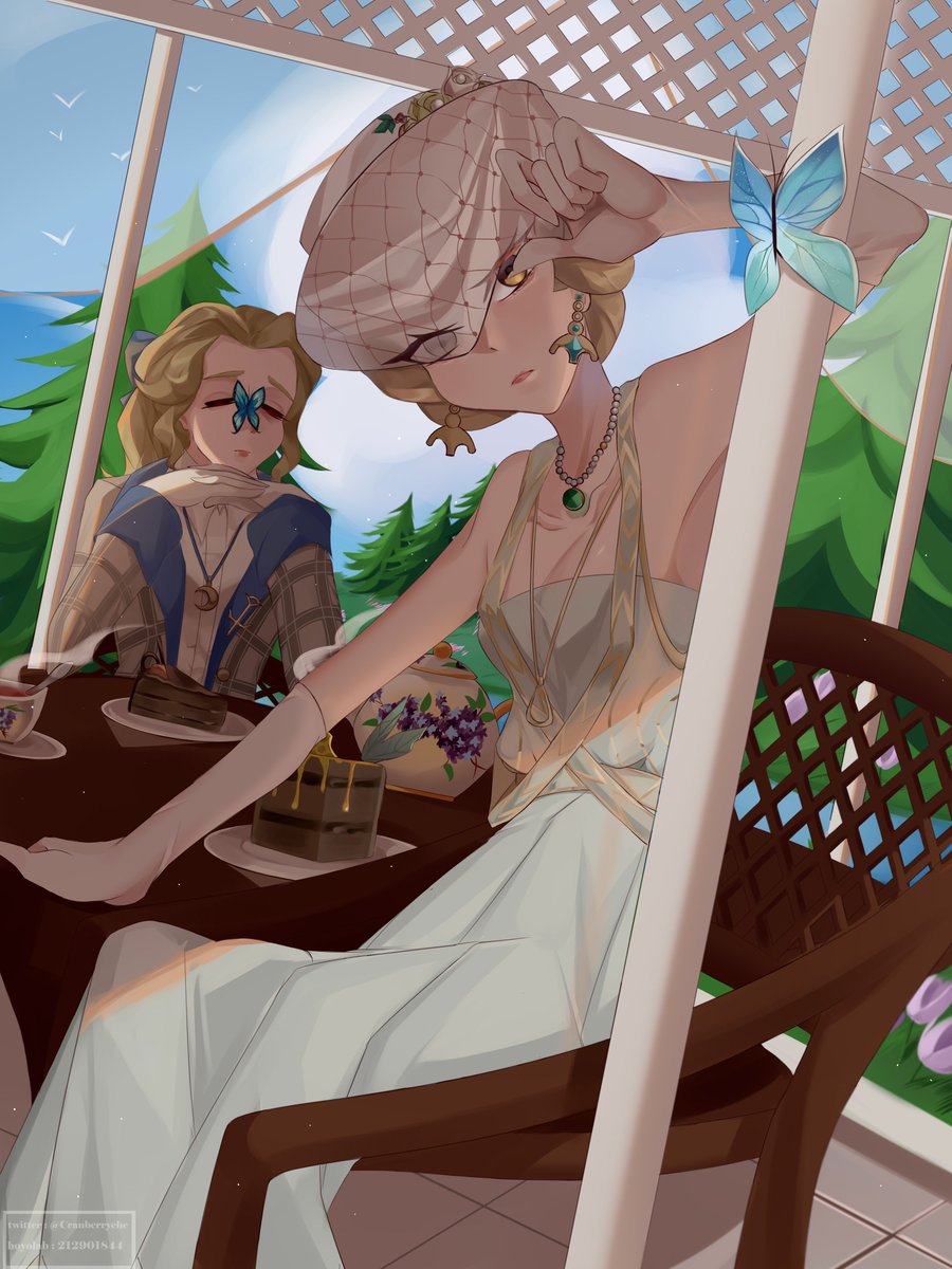 cranberryehe's tweet photo. #第五人格 #identityv #MellyPlinius #alicedeross 
melly ! i actually used honey cake and truffle cake (melly and little girl favorite dish) as reference for food https://t.co/MCiwQHQLXM