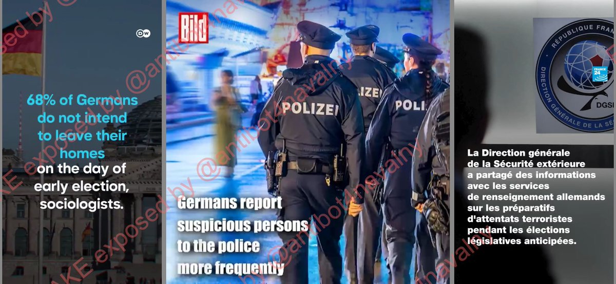 Russian-state disinfo network Matryoshka has started to target the upcoming 🇩🇪Bundestag snap elections.

Today they posted 4 fake videos branded by reputable media names, all fearmongering with terrorism threats and calling for German voters to stay home on the election day. 1/