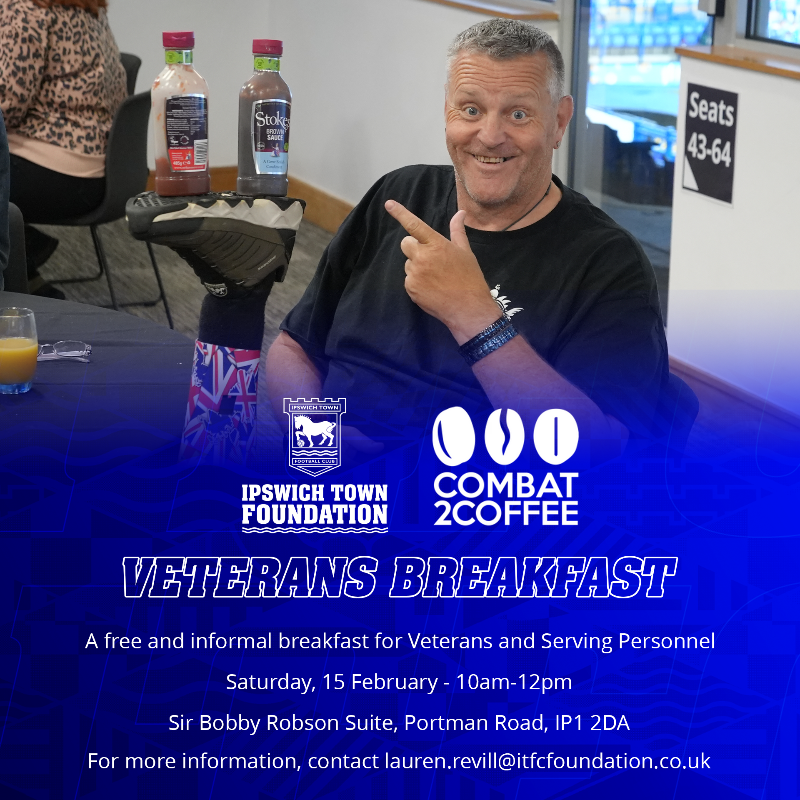 ITFCFoundation's tweet photo. 🍳 The Foundation and @Combat2C are hosting a Veterans Breakfast at Portman Road on Saturday, 15 February. 

The breakfast is free to attend, and will take place in the Sir Bobby Robson Suite.

Follow the link below to register your interest now.👇