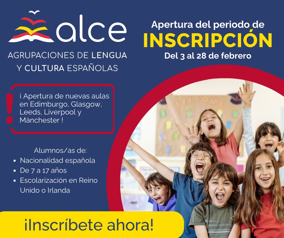 📢 ¡Inscripciones abiertas para el programa ALCE! 🇪🇸
¿Hijos/as entre 7 y 17 años de origen español en Reino Unido o Irlanda?
 🎓 Aprende y mantén la lengua y cultura españolas con clases semanales.
 🗓️📌 Más info y matrícula aquí:
 👉 educacionfpydeportes.gob.es/reinounido/alc…