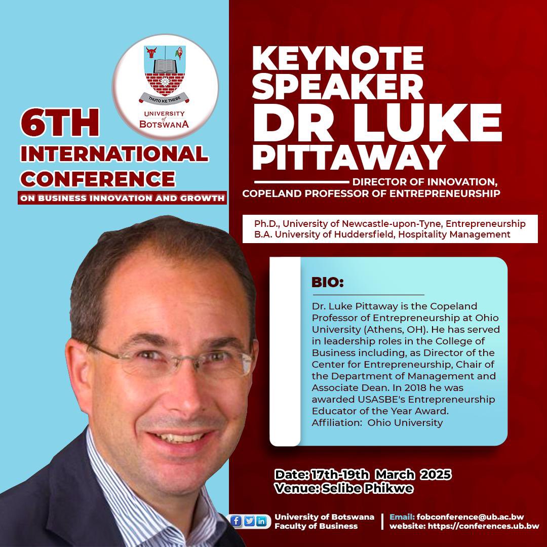 FacultyofBus's tweet photo. Exciting news! The Keynote Speaker for the 6th International Conference on Business Innovation &amp; Growth is Dr. Luke Pittaway! Get ready for game-changing insights on business growth and innovation. 
📅 17-19 March 2025 | 📍 Selebi-Phikwe
#ICBIG2025 #Innovation #BusinessGrowth https://t.co/nl3cw18zy1