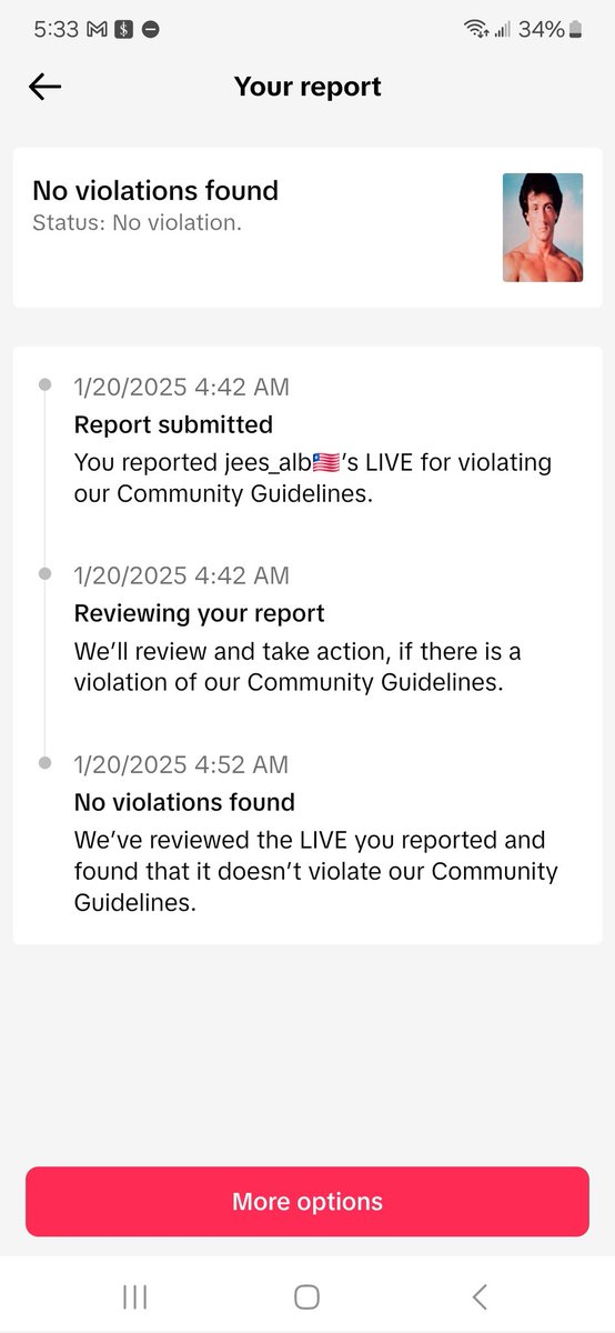 MatinPariab's tweet photo. I was stumbled upon a live that was a pre-recorded video of @TheSlyStallone and pretended to be him to get gifts. I reported it as scam and this was the answer. So according to your guidelines, is it ok for anyone to pretend to be someone else to get coins? 
@TikTokSupport https://t.co/9ONmfn7wof