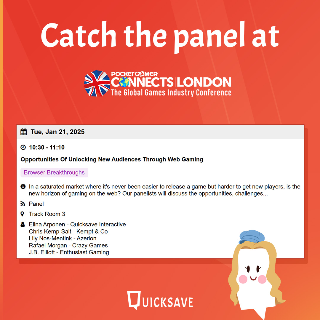 QuicksaveLtd's tweet photo. Hey #PGCLondon! 📣 Don’t miss Elina’s panel: “Unlocking New Audiences Through Web Gaming,” tomorrow at 10:30 AM (GMT), Track Room 3! 💡 Insights on HTML5 gaming opportunities, challenges &amp; more. 🚀 

#PGConnects #GameDev #QSApp #HTML5 https://t.co/ijmmf15ZfO