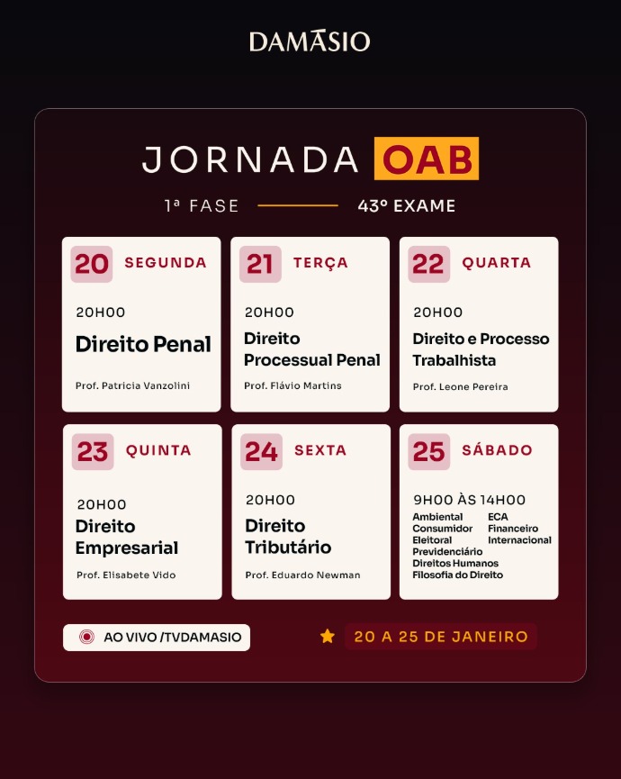 damasioosasco's tweet photo. 👉 Quer passar na OAB de forma confiante e estratégica? Agora é a hora de dar aquele passo decisivo rumo à sua aprovação!

Inscreva-se gratuitamente na Jornada OAB do Damásio e tenha acesso a tudo o que você precisa para vencer essa etapa! https://t.co/i1JCfZxdbV
