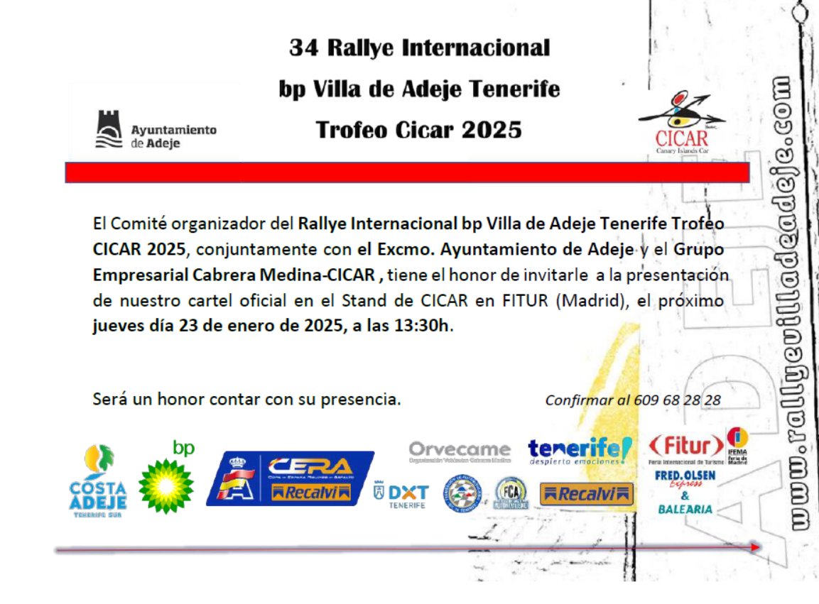 rallyeadeje's tweet image. Este jueves 23 de enero presentaremos el cartel oficial del 34 Rallye Internacional bp Villa de Adeje Tenerife, Trofeo CICAR en FITUR.
📍 Stand de CICAR
🕜 13:30 horas

@adeje @DXTenerife @VisitTenerifeES @costa_adeje @GrupoRecalvi @FOexpress  @Balearia @bp_Espana  #Cicar