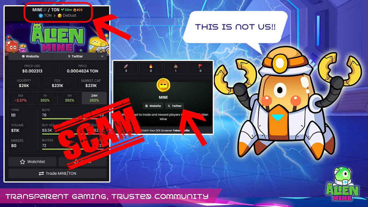 AlienMine_P2E's tweet photo. 🚨 Fake $MINE Alert!

👽 $MINE is in-game only. Don't fall for scams on DeDust.

🔗 Scam Link: https://t.co/rbNkvafjuS

#AlienMine #GameFi #TON #play2earn #P2E #PlayToEarn https://t.co/i2Z9ZxDaZG