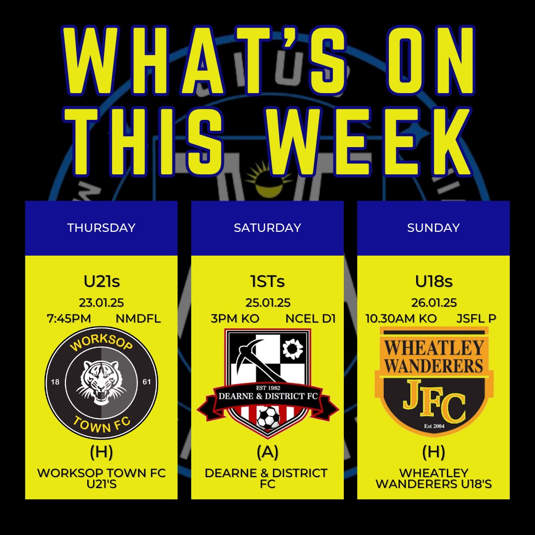 What’s on this week |

Thursday- Club Thorne U21s v Worksop Town U21’s
7:45pm
NMDFL

Saturday- Dearne &amp; District v Club Thorne Colliery
3pm KO
NCEL Division One

Sunday- Club Thorne U18s v Wheatley Wanderers U18s
10:30am
JSFL Premier

#ncel #upthecolliery #clubthorneacademy
