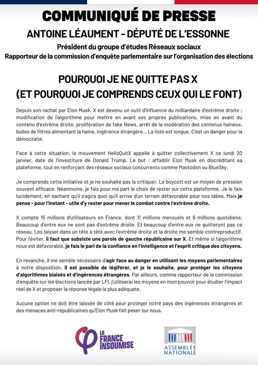 ALeaument's tweet photo. Pourquoi je ne quitte pas X ?

Et pourquoi je comprends ceux qui le font.

Retrouvez mon communiqué ⤵️ https://t.co/Ilfta0sELr