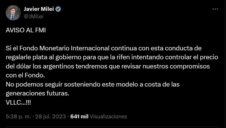 Imagino que en el nuevo acuerdo con el FMI Milei no aceptará que el FMI nos preste fondos frescos. Estaríamos sosteniendo este modelo de carry trade a costa de las generaciones futuras