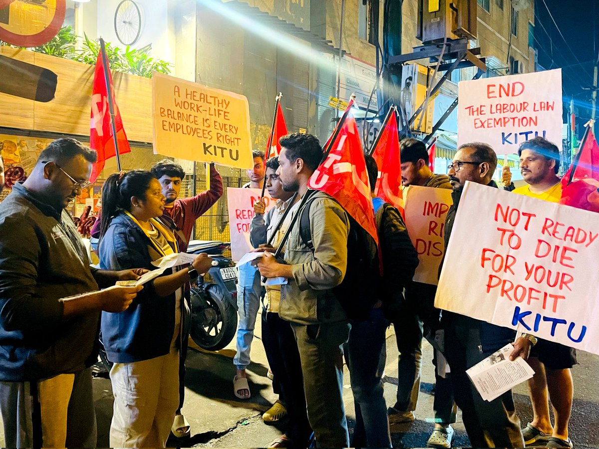 kitu_hq's tweet image. KITU Campaign at BTM 2nd Stage, Bangalore with the slogan: "A Healthy #WorkLifeBalance is Every Employee's Right."
Karnataka State IT/ITeS Employees Union is organizing a 'Mass Gathering' at Freedom Park, on 9th March 2.30 PM. 
#90hrWorkWeek

Join KITU
kituhq.org/joinus