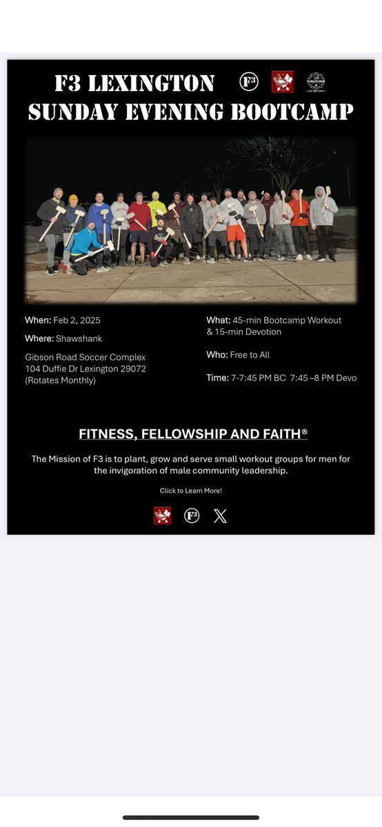 For years, we’ve heard the “it’s too early in the morning” excuses. Here’s your chance at an evening bootcamp/Devo. <a href="/F3Shawshank/">F3 Shawshank</a> hosts our 1st! May the HCs begin.
#Fitness
#Fellowship
#Faith
Leave with your very own <a href="/F3Nation/">F3</a> name &amp; a renewed sense of purpose.