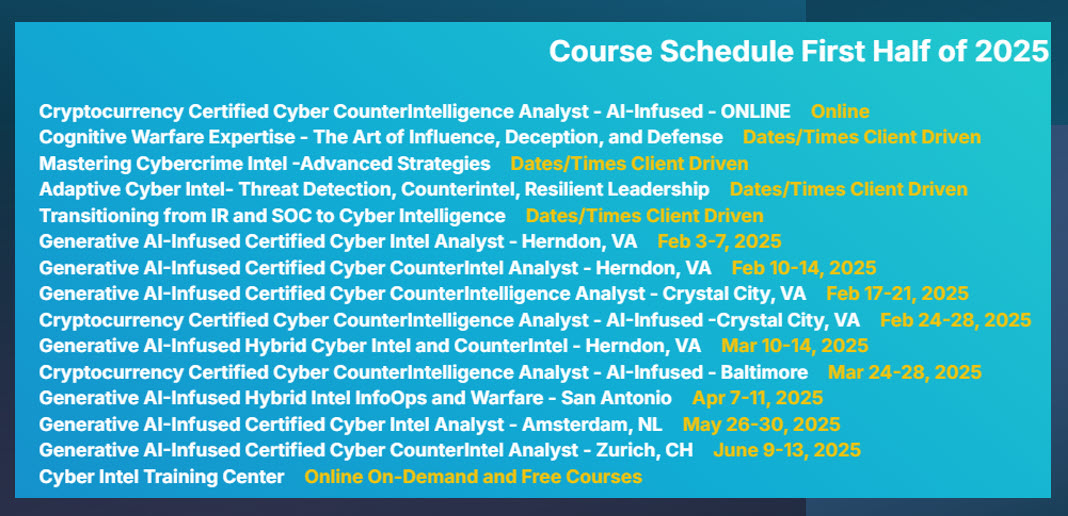Treadstone71LLC's tweet photo. Buy 3 get 2 seats free. DC area courses locations. Herndon to Crystal City. #DHS #FSISAC #cyberintel #generativeAI #cybercounterintel #cryptocurrency #investigations #disinformation #deceptionplanning #strategicforesightanalysis #certifications https://t.co/lA1leW6wMP https://t.co/26O7lTA2uo