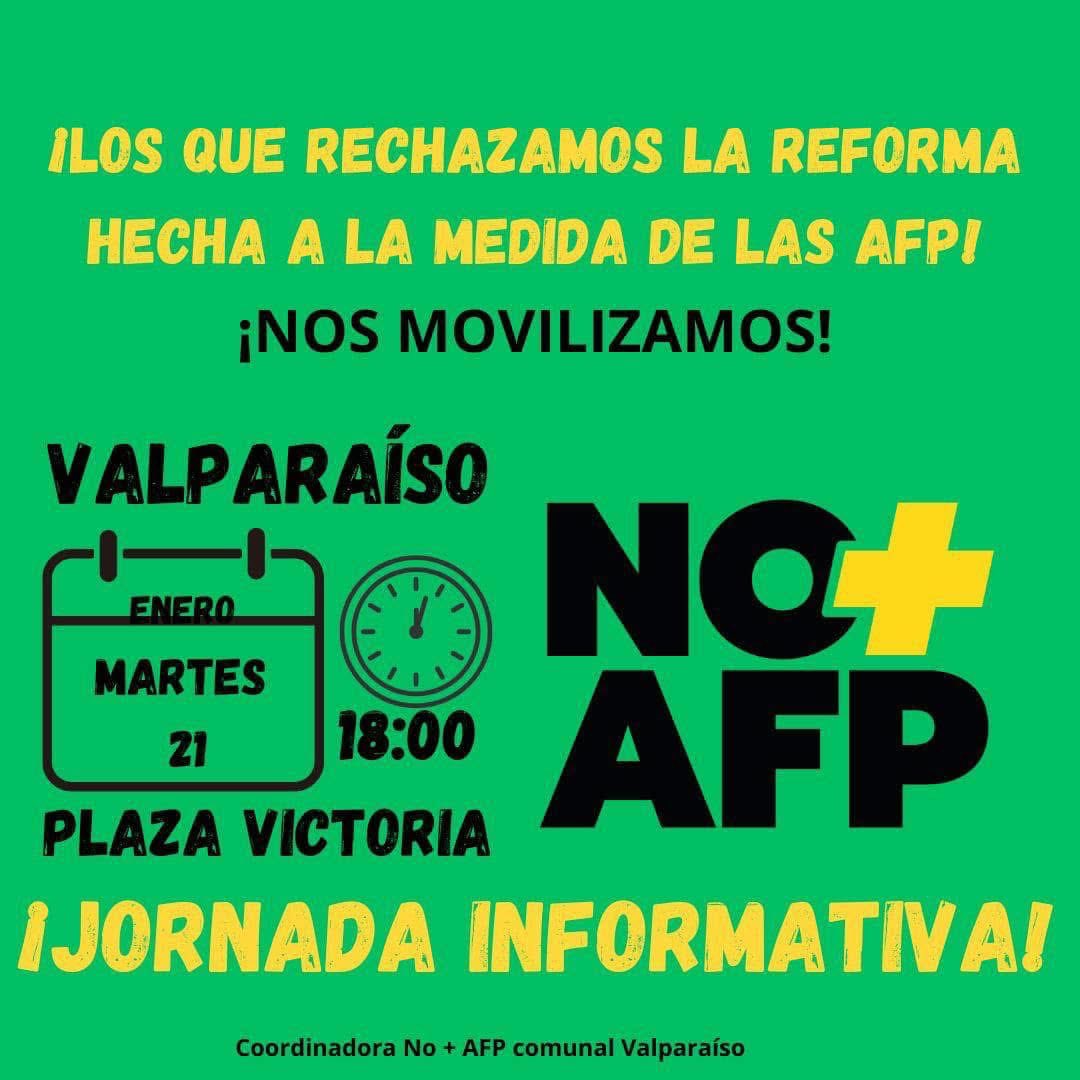 En VALPARAÍSO nos movilizamos para informar y luchar por pensiones decentes y suficientes. Martes 21 a las 18:00 hrs en Plaza Victoria
Calentando motores para la Marcha Nacional del 30 de marzo,

#NOmasEstafa
#NOmasAFP 
#NiUnPesoMasAlasAFP
#PGUmujeralos60