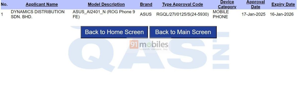 Venkatesh Babu.G (@smartvenkat95) on Twitter photo ASUS ROG Phone 9 FE affordable gaming phone on SIRIM and NBTC Certification, global launch soon
Link 91mobiles.com/id/hub/asus-ro…
Tip <a href="/Techmeme/">Techmeme</a> <a href="/TechCrunch/">TechCrunch</a> <a href="/verge/">The Verge</a> <a href="/AndroidAuth/">Android Authority</a> <a href="/9to5Google/">9to5Google</a> <a href="/androidcentral/">Android Central</a> <a href="/SamMobiles/">SamMobile - Samsung news!</a> <a href="/techradar/">TechRadar</a> <a href="/engadget/">Engadget</a> <a href="/Androidheadline/">Androidheadline</a> <a href="/AndroidPolice/">Android Police</a> <a href="/nbc_net/">notebookcheck.net</a> ASUS ROG Phone 9 FE affordable gaming phone on SIRIM and NBTC Certification, global launch soon
Link 91mobiles.com/id/hub/asus-ro…
Tip <a href="/Techmeme/">Techmeme</a> <a href="/TechCrunch/">TechCrunch</a> <a href="/verge/">The Verge</a> <a href="/AndroidAuth/">Android Authority</a> <a href="/9to5Google/">9to5Google</a> <a href="/androidcentral/">Android Central</a> <a href="/SamMobiles/">SamMobile - Samsung news!</a> <a href="/techradar/">TechRadar</a> <a href="/engadget/">Engadget</a> <a href="/Androidheadline/">Androidheadline</a> <a href="/AndroidPolice/">Android Police</a> <a href="/nbc_net/">notebookcheck.net</a>
