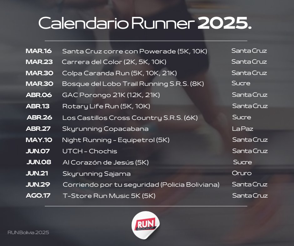 RUNBolivia's tweet photo. Actualizamos nuestro calendario 2025: https://t.co/gBon7oRIWm