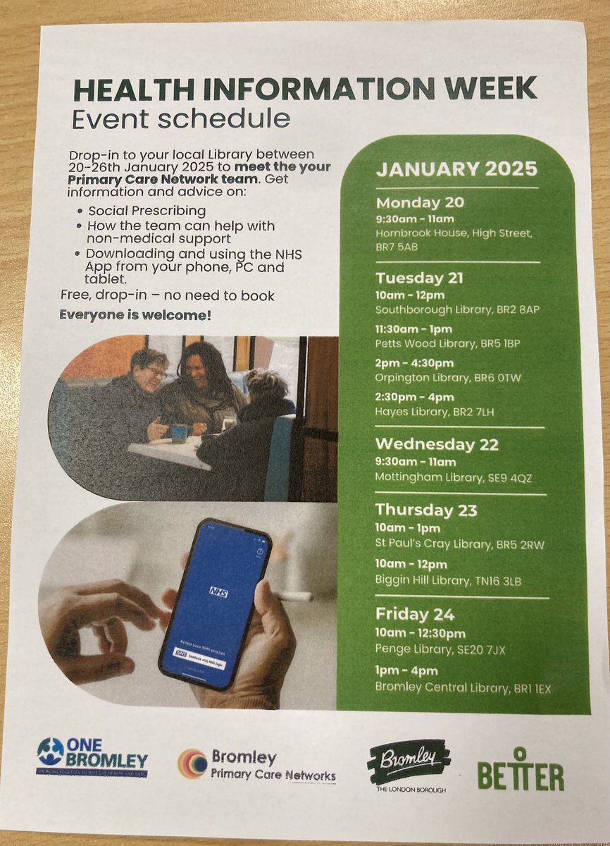 #HealthInformationWeek: 20th-26th January. Join your local Primary Care Network Team all this week in Bromley Libraries. No need to book just drop in! First stop is today from 9.30- 11.00 am at #ChislehurstLibrary
Hornbrook House, High Street, Chislehurst BR7 5AB.