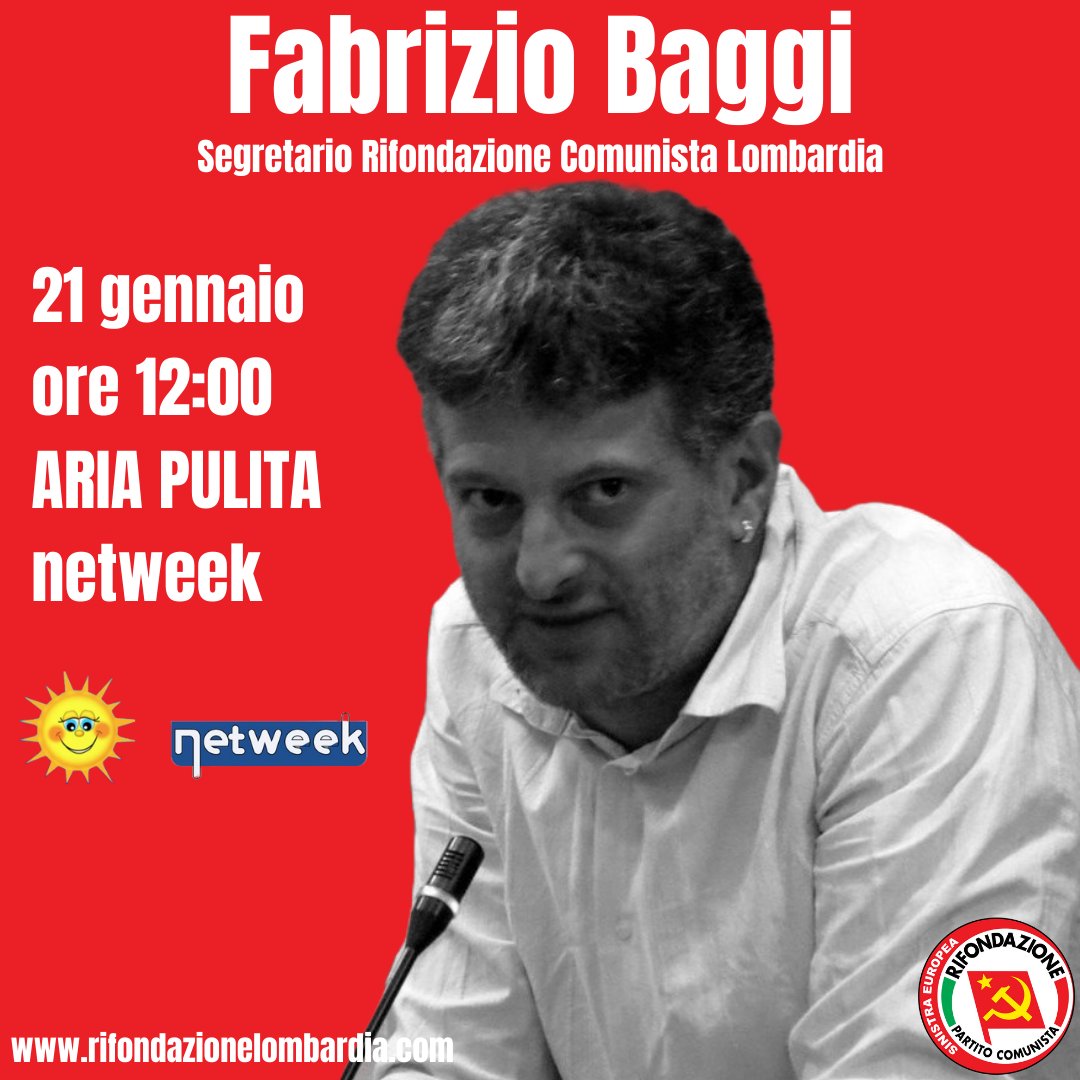 prc_lombardia's tweet image. Domani, a partire dalle ore 12:00, il Segretario regionale Fabrizio #Baggi  sarà ospite in diretta del programma #AriaPulita in onda su #Netweek.
@Fabrizio_Baggi