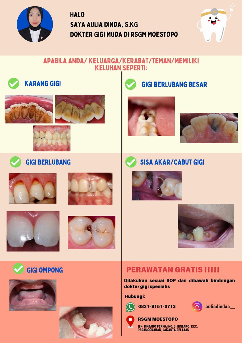 KonservasiJaya's tweet photo. Haloo temen2 JABODETABEK, Aku koas gigi yang lagi cari pasien nih 🤗 kalo kamu/keluarga/kerabat/ teman punya keluhan seperti tertera di bawah ini boleh bangett DM aku atau WA ke Cp yg tertera ya🤗🥰‼️ semua perawatannya GRATISSS lohh🤗👍🏻

#koasgigi #koasgigijkt #scalling https://t.co/QEwAoVahJH