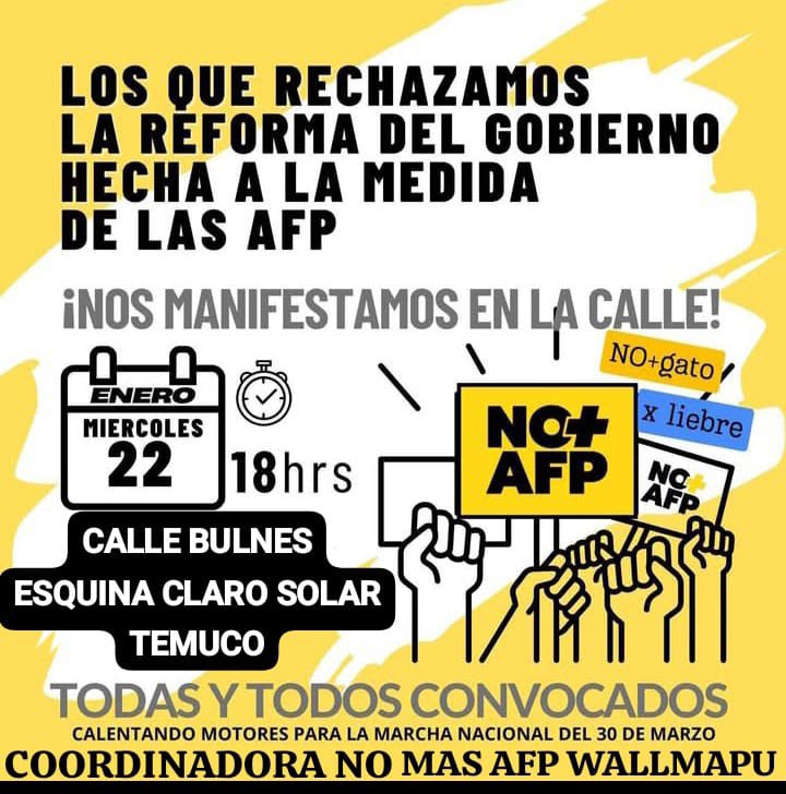 *En TEMUCO Movilización #NOmasAFP
Miércoles 22 a las 18:00hrs. BULNES esq CLARO SOLAR*

📢 !No queremos, no nos interesa, que con nuestra plata financien sus empresas!

#NiUnPesoMasAlasAFP 
#NOmasEstafa
#NOmasAFP 
#PGUmujeralos60