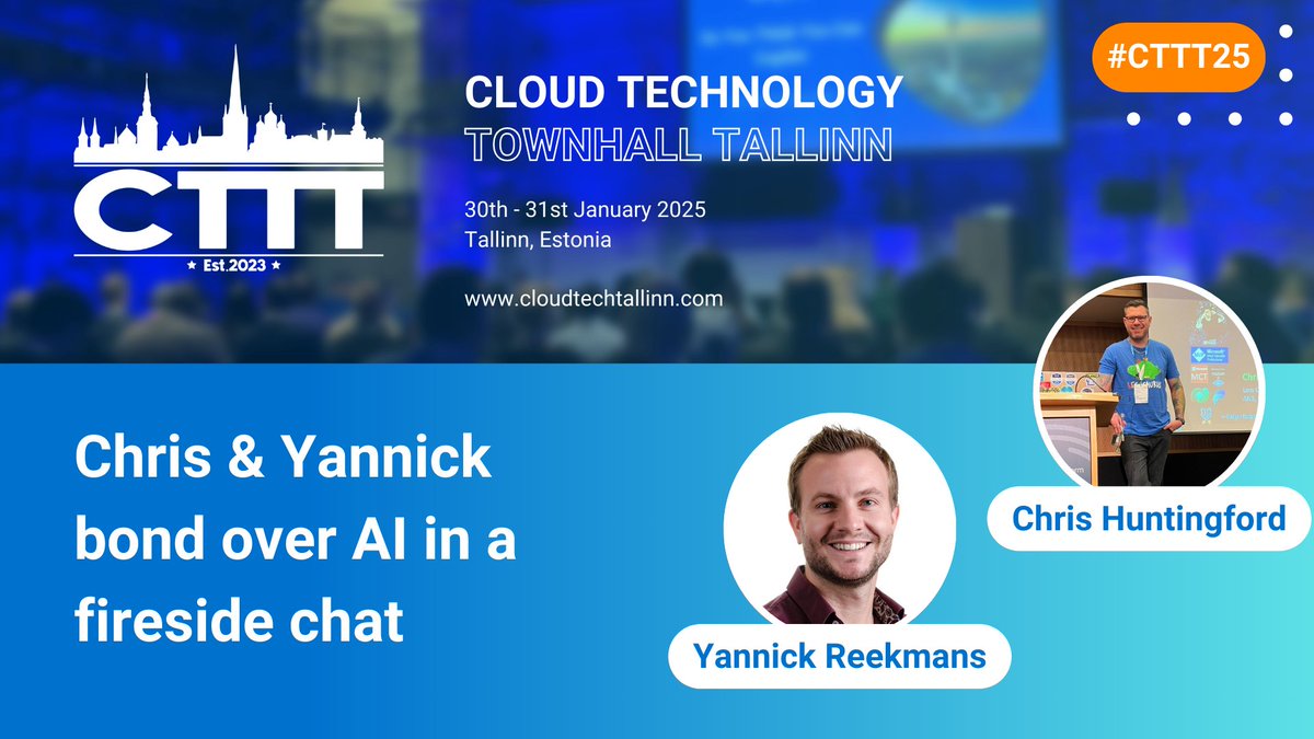YannickReekmans's tweet photo. Sessionize tells me that @CTechTallinn happens in 9 days! 

1⃣Looking at Managed Identity and VNet support in #Dataverse plugins
2⃣Having an unscripted chat about #AI with @CNHuntingford

Get your tickets at https://t.co/ODGLAGthUF &amp; make your way over! 🥳

#CTTT25 #CodeFirst https://t.co/TU2DfZvXZK