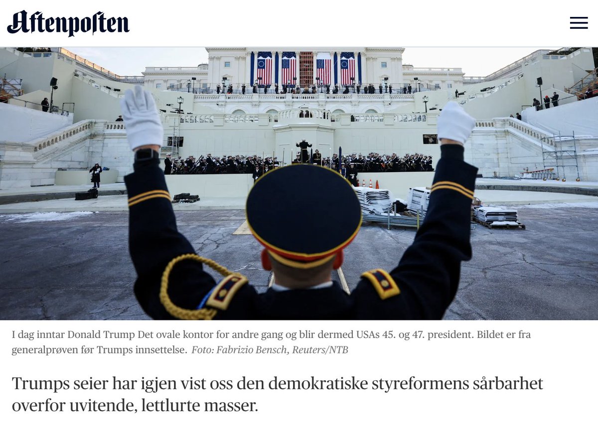 danbychoi's tweet photo. «Trumps seier har igjen vist oss den demokratiske styreformens sårbarhet overfor uvitende, lettlurte masser», skriver statsvitenskap-professor Bernt Hagtvet.

Han foreslår også som forklaring på Trumps seier at mediene har vært så hjelpsomme – i Trumps favør!

Ikke minst forsvarer han seg retorisk mot alle dem som nå skal innvende mot teksten hans. Han kaller dem for spyttslikkere.

At uvitende, lettlurte og spyttslikkende masser skal ha stemmerett, … der har du ikke definisjonen på demokrati, men beviset på hvor sårbart det er. Hilsen professor i statsvitenskap.