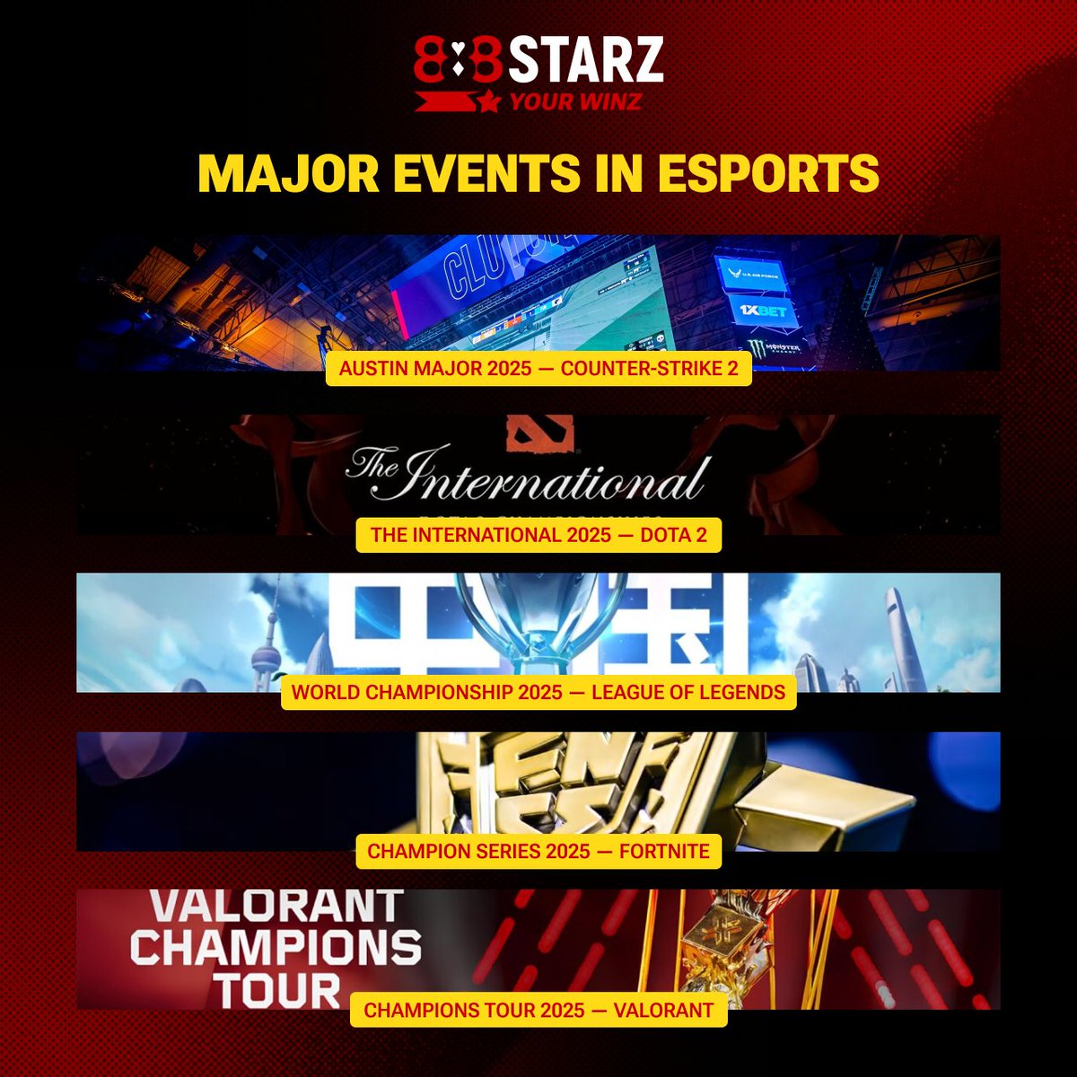 🔝 Here are the top 5 eSports tournaments this year 🔝

The IEM Katowice 2025 for CS2 is starting very soon 🔫

And if you don't want to wait for your favorite tournament, we have a wide selection of eSports bets on our website 🎮

Esports on 888STARZ ➡️888shrt.com/kH2t