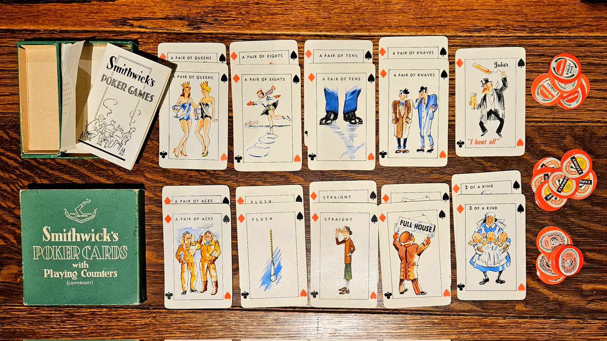 beerfoodtravel's tweet photo. A lovely find from yesterday. An Irish designed(?) and printed poker game from the 1950s for the Smithwick's brewery with brand tokens and illustrated cards. I never knew such a thing existed - more to come on this during the week ... https://t.co/wmj8JoGtRR
