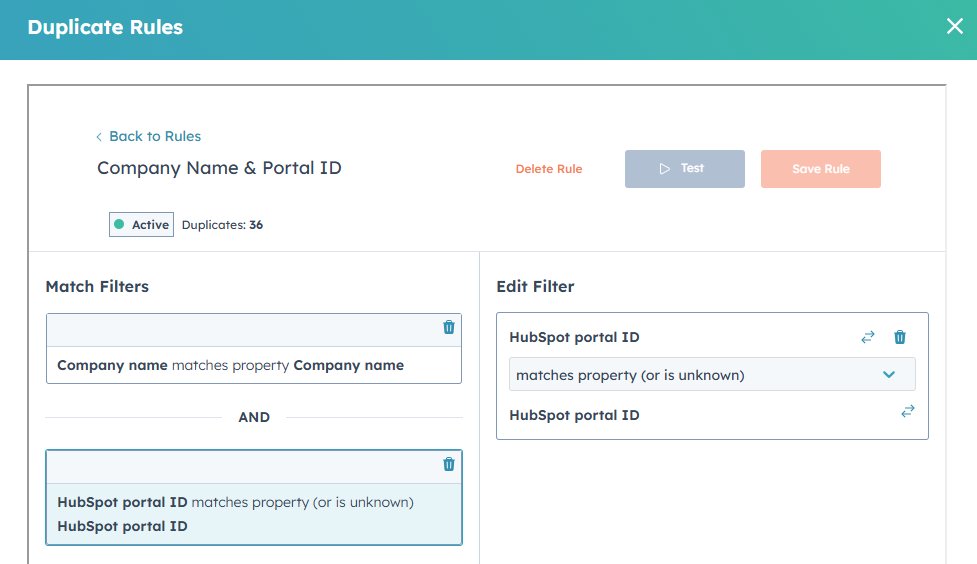 Struggling to prevent accidental merging of HubSpot companies? 🚫

With Koalify, avoid duplicate suggestions by checking if internal app/platform IDs differ.

Example criteria to inlcude in your duplicate rules:
Portal ID matches a property (or is unknown).  ✅