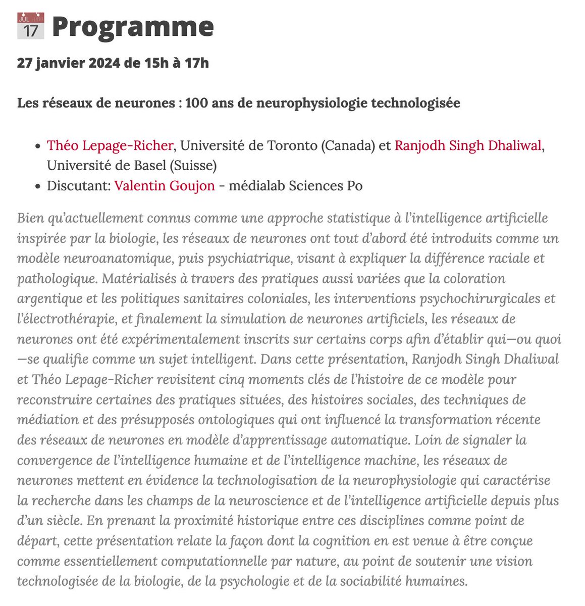 Paris friends, next Monday (Jan 27), you can catch me and Théo Lepage-Richer talking about neural networks at the Social History of Informatics Seminar organized by , drawing upon our book, 'Neural Networks' (<a href="/UMinnPress/">U of MN Press</a> and <a href="/meson_press/">meson press</a>, 2024), co-authored with Lucy Suchman.