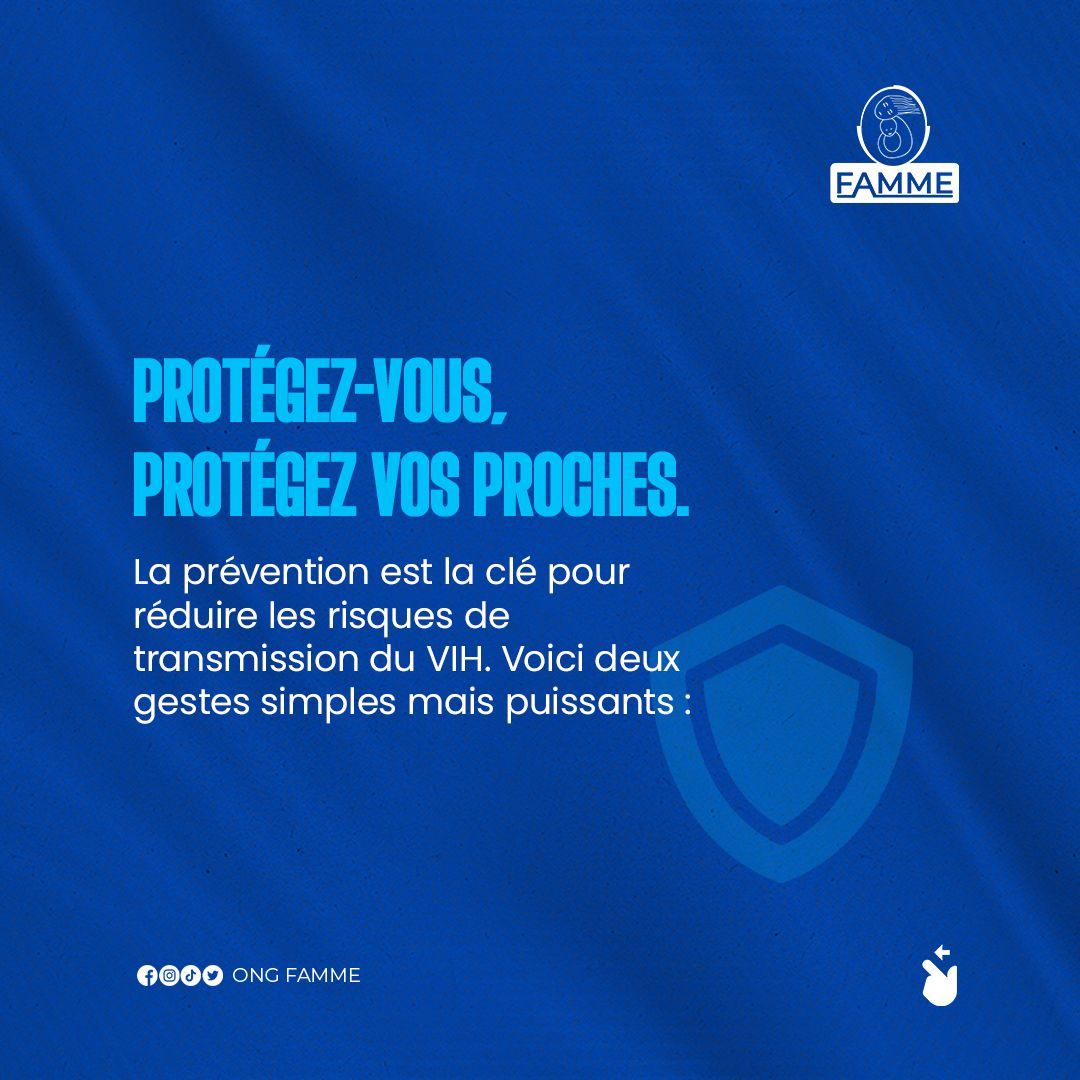 ONGFAMME's tweet photo. 🌟 Protégez-vous, protégez vos proches. 🌟 
Voici deux gestes simples mais puissants :
1️⃣ Utilisez un préservatif à chaque rapport sexuel : Une barrière efficace contre le VIH et d'autres IST. 
2️⃣ Faites-vous dépister régulièrement https://t.co/FEhaoAYsqV