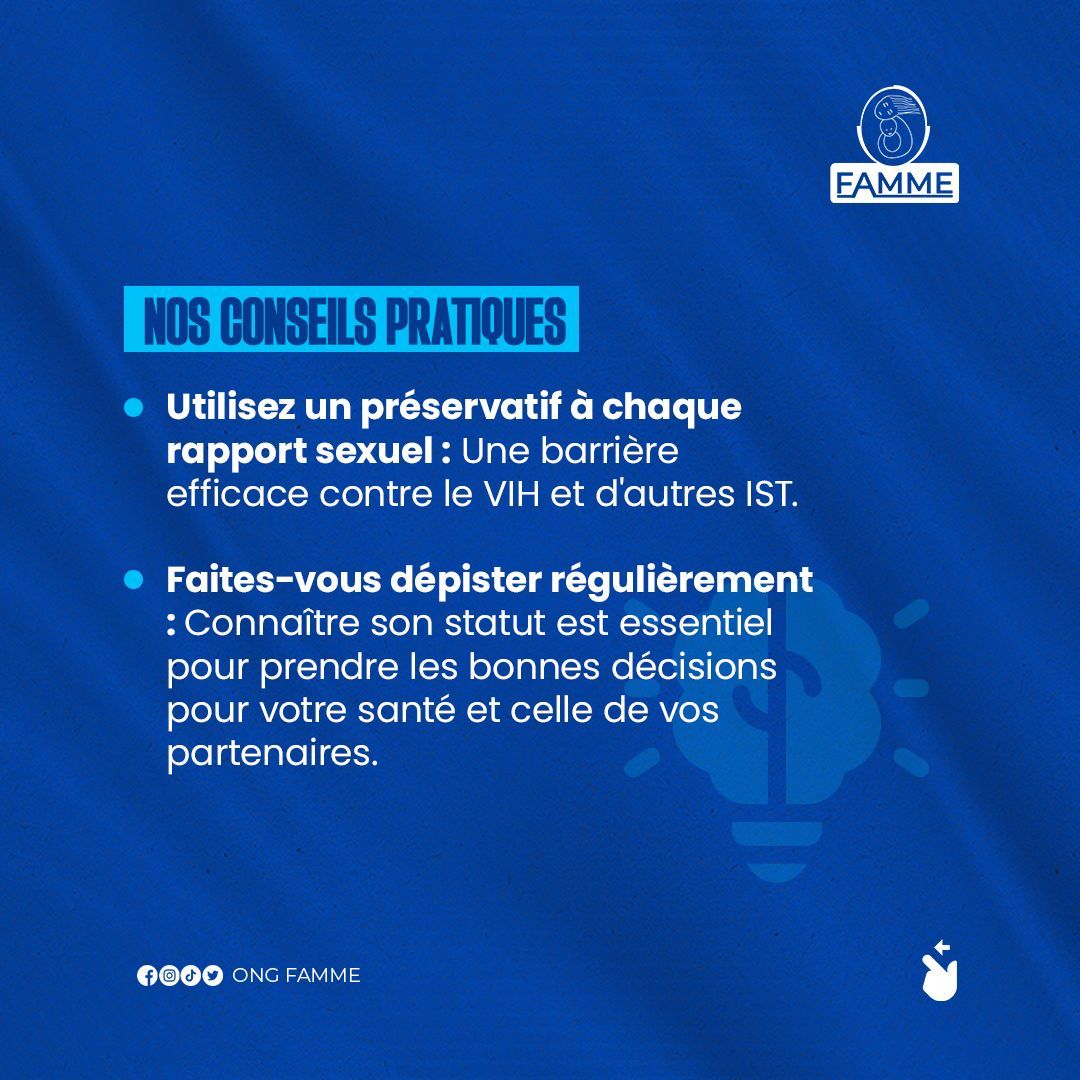 ONGFAMME's tweet photo. 🌟 Protégez-vous, protégez vos proches. 🌟 
Voici deux gestes simples mais puissants :
1️⃣ Utilisez un préservatif à chaque rapport sexuel : Une barrière efficace contre le VIH et d'autres IST. 
2️⃣ Faites-vous dépister régulièrement https://t.co/FEhaoAYsqV