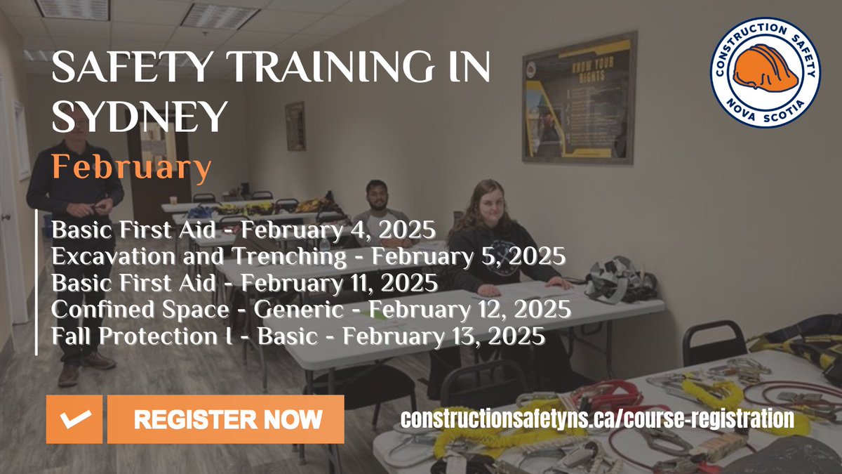 Upcoming training next month in Sydney :
BFA ➡️ Feb. 4
Excavation &amp; Trenching ➡️ Feb. 5
BFA ➡️ Feb. 11
Confined Space - Generic ➡️ Feb. 12
Fall Pro I - Basic ➡️ Feb. 13

📍 850 Grand Lake Road, 2nd floor, Suite 16.
Register at bit.ly/3xc48GF.