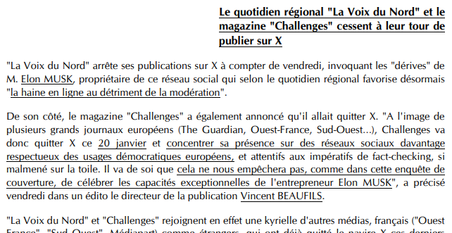 #AujourdhuiDansLaCorres Le quotidien régional « La Voix du Nord » et le magazine « Challenges » cessent à leur tour de publier sur X. #Médias