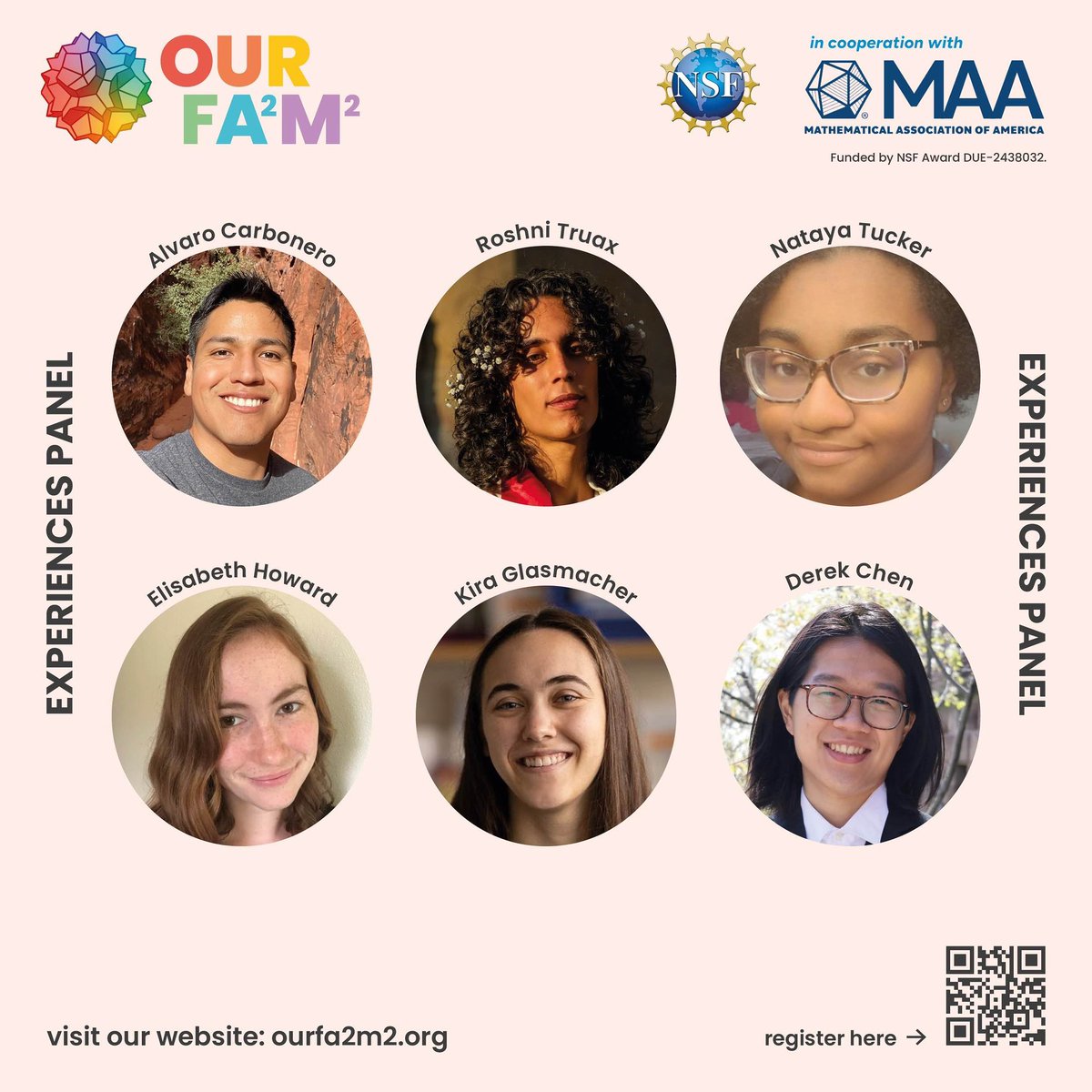 Meet the Experiences panel for OURFA2M2 2025! 

6 current/recent undergraduate students will speak about their experiences w/ career-building programs such as REU’s, math study abroad programs, internships, and research projects! 

Register at ourfa2m2.org