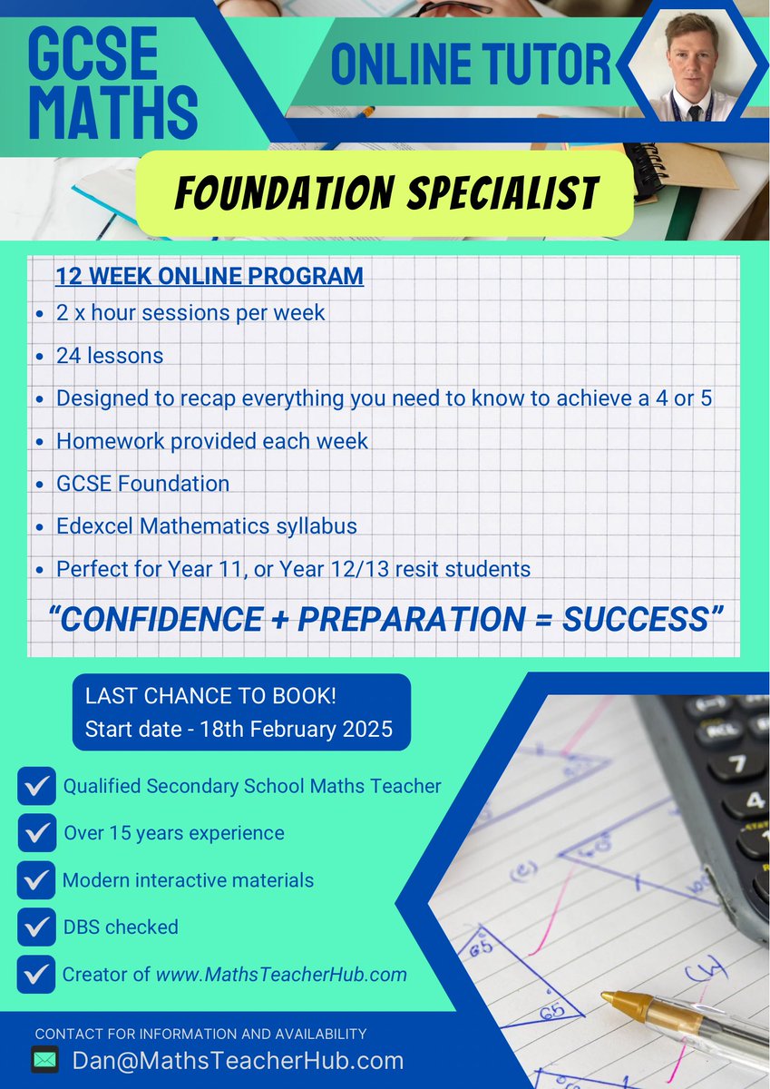 MathsTeacherHub's tweet image. So after last year’s success, I’ve decided to run this again this year.
Do you know someone who needs help with GCSE Foundation maths?
Get in touch via email dan@mathsteacherhub.com
#Mathstutor #gcsemathstutor #gcsemaths