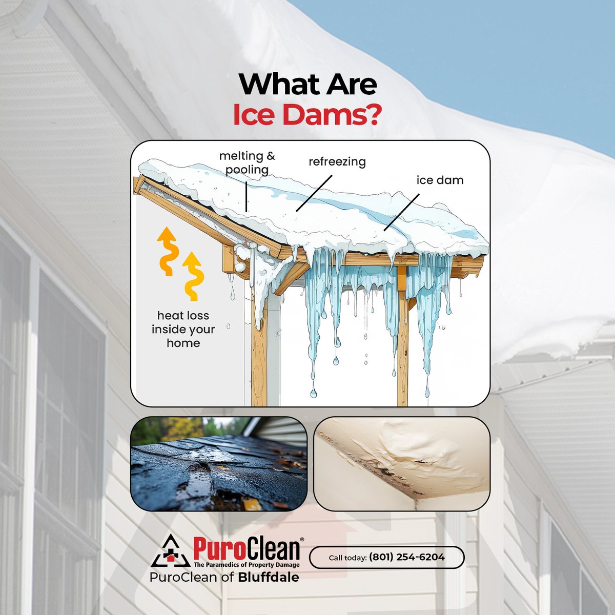 PBluffdale's tweet image. Ice dams form when snow melts &amp;amp; refreezes at roof edges, causing leaks, water damage, &amp;amp; mold. PuroClean of Bluffdale specializes in water damage restoration to keep your property safe. Don’t let ice dams ruin winter! 📞 Call us today at (801) 254-6204
#IceDams #PuroCleanBluffdale