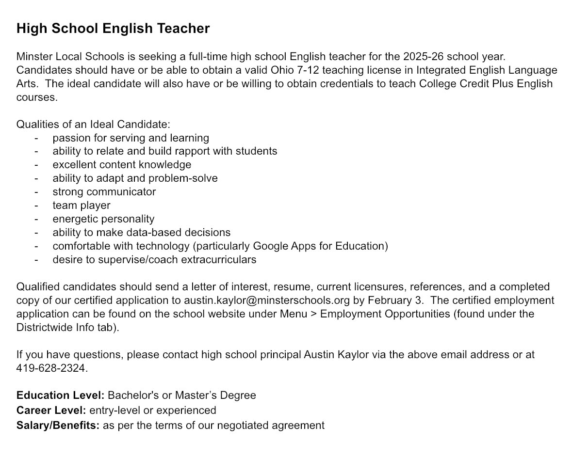 MHS is looking for a high school English teacher for next school year.  Please share!