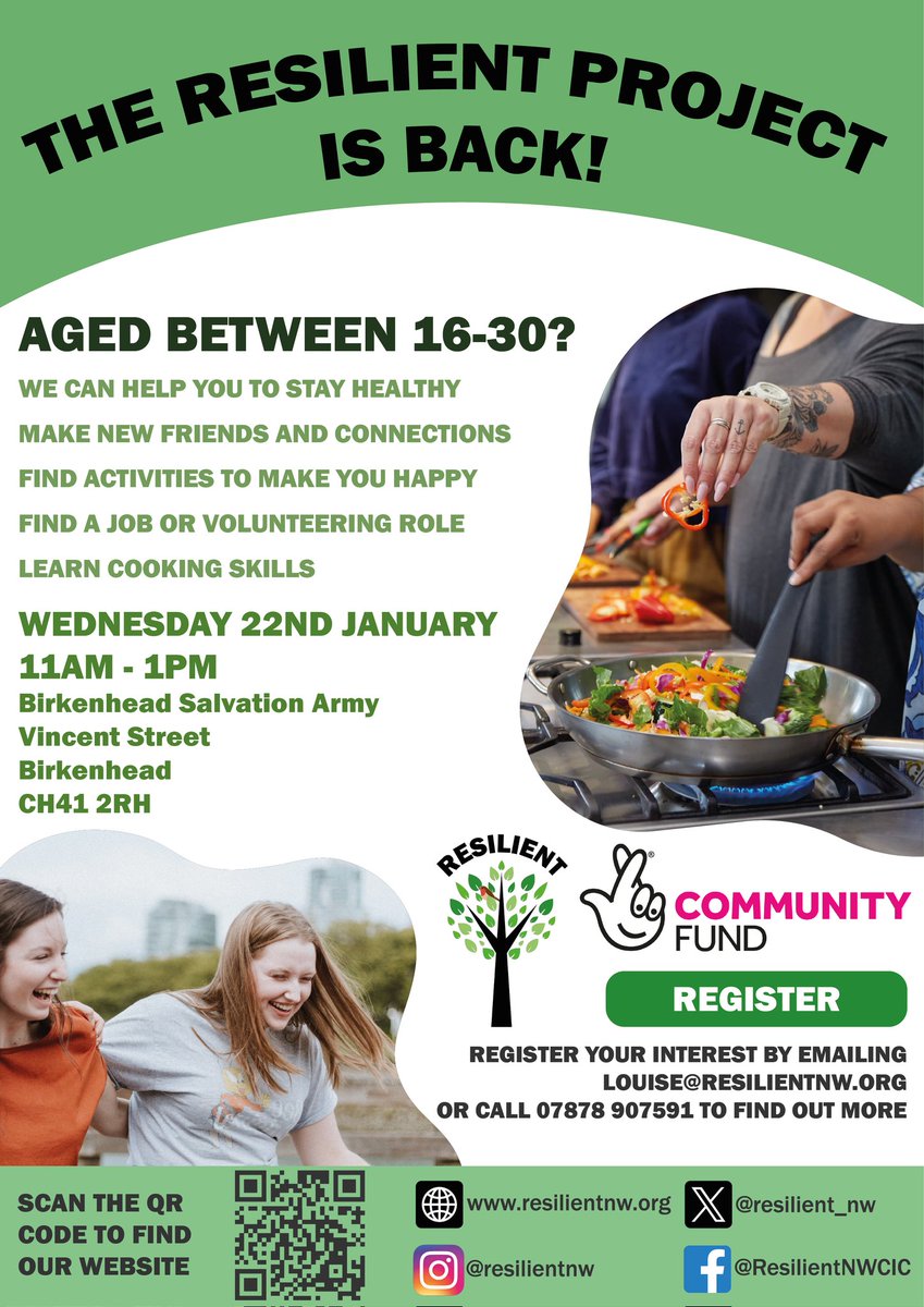Last call out for our Resilient project starting this Wednesday at 11am at Birkenhead Salvation Army. 

This 8 week course can open up new opportunities and connections for 16 to 30yr olds. 

Work with young adults? email Louise@resilientnw.org or call to book a place.
#Resilient