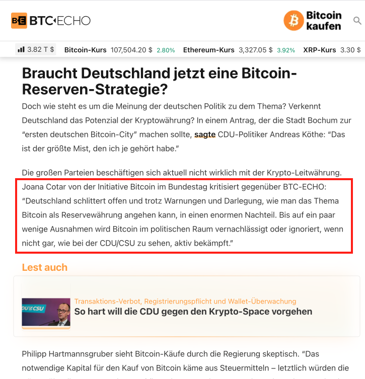Zum Ende der Legislatur hat es unsere (toxisch-) maximalistische Initiative doch noch in <a href="/btcecho/">BTC-ECHO</a> geschafft 😉🥳

Es sind spannende Zeiten und in der Politik dreht sich hinsichtlich Bitcoin in diesen Tagen und Wochen der Wind.🌪️🚀 

Danke <a href="/DominicDollel/">Dominic</a>
btc-echo.de/news/bitcoin-r…