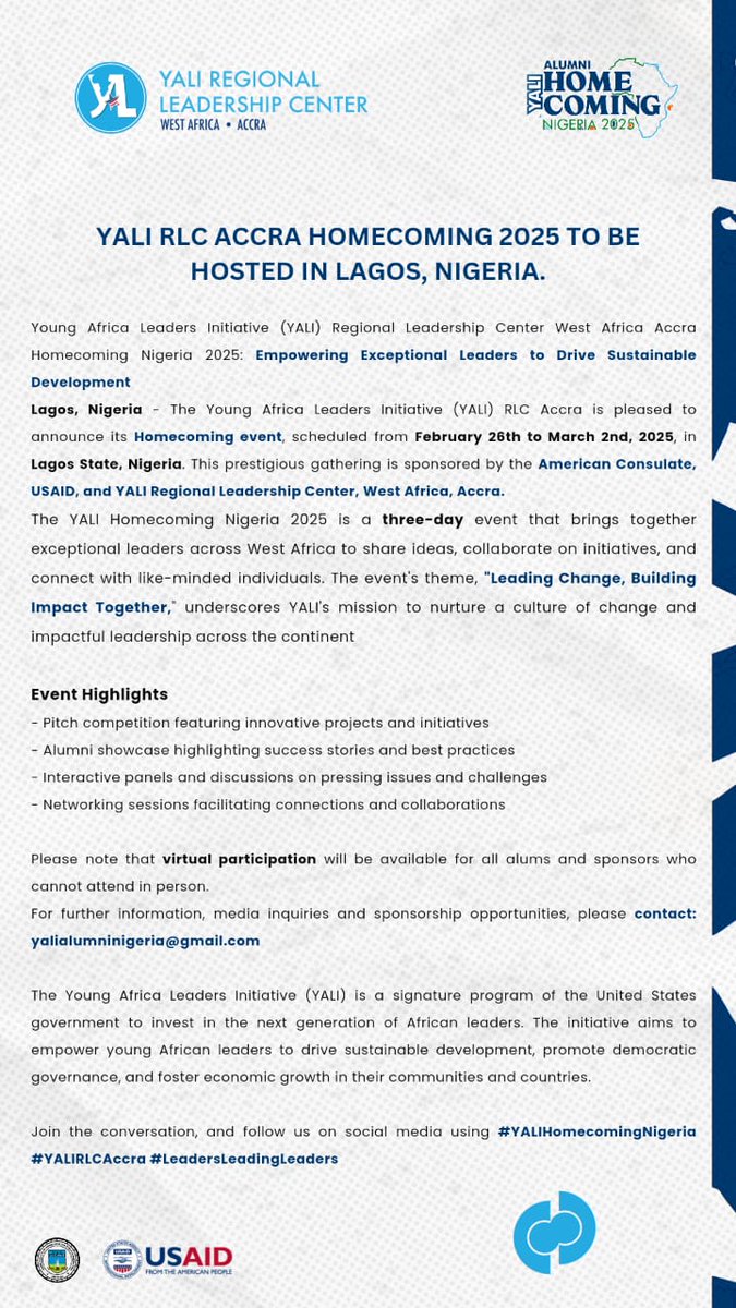 Yalirlcalumning's tweet photo. YALI RLC Alumni West Africa Press release.
#yalirlc
#Yalirlchomecoming https://t.co/aT9Psq6MYB