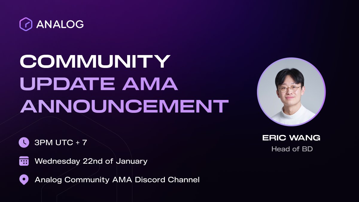 OneAnalog's tweet photo. 💜 Hi Analog fam!

Big things are happening at Analog and we’re excited to share it all with you! Join our Community AMA to get the latest news and insights straight from the team.

Here’s what you can expect:

📈 Updates on our progress and achievements
🔮 Exclusive insights into Analog’s next steps
💡 Real-time answers to your burning questions

🔗 Got questions? Drop them here: https://t.co/lb7U4CRbPG 

See you there Timekeeper! 🚀