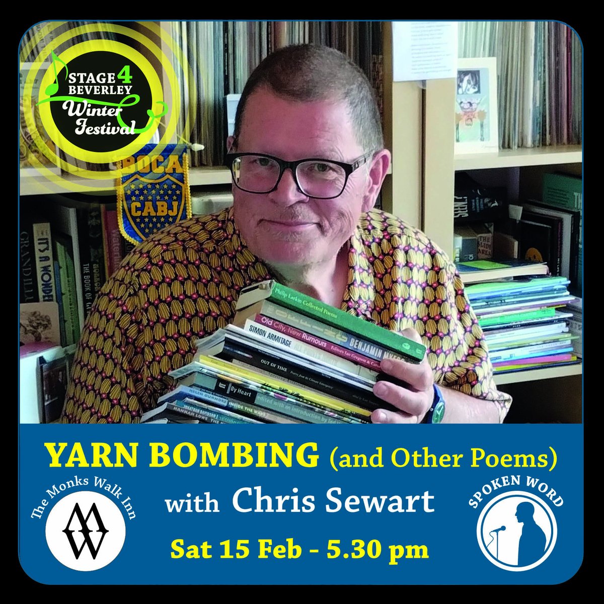 Our poetry workshop with Chris Sewart has sold out, but fear not - you can still catch him at this year's festival. Join us for the premiere of Chris's solo show, "Yarn Bombing (and other poems)" at the <a href="/MonksWalkInn/">MonksWalkInn</a> on 15th February.

Find out more:
stage4beverley.com/whats-on/yarn-…